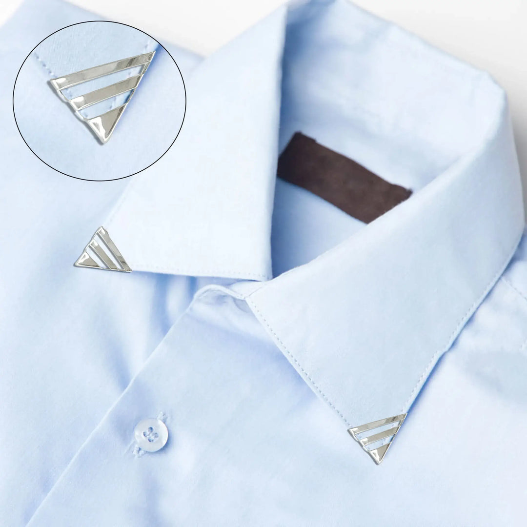 Ani Accessories | Silver metallic majesty  collar tip on the sky blue shirt  collar and small circular  image of zooming area on corner of the collar tip