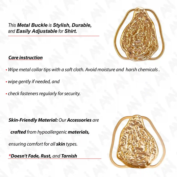 Ani Accessories Abstract Design Gold Buckle front and back view in a white background with care instruction of the buckle.