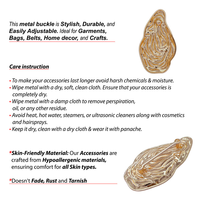 Ani Accessories Abstract Organic Shape Gold-Plated Metal Buckle  care instruction infographic with front and back image of the buckle  in a white background.