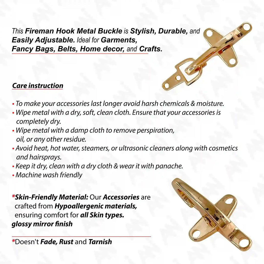 Ani Accessories Aurelian Latch 2 piece Gold Buckle on white background with care instruction text.