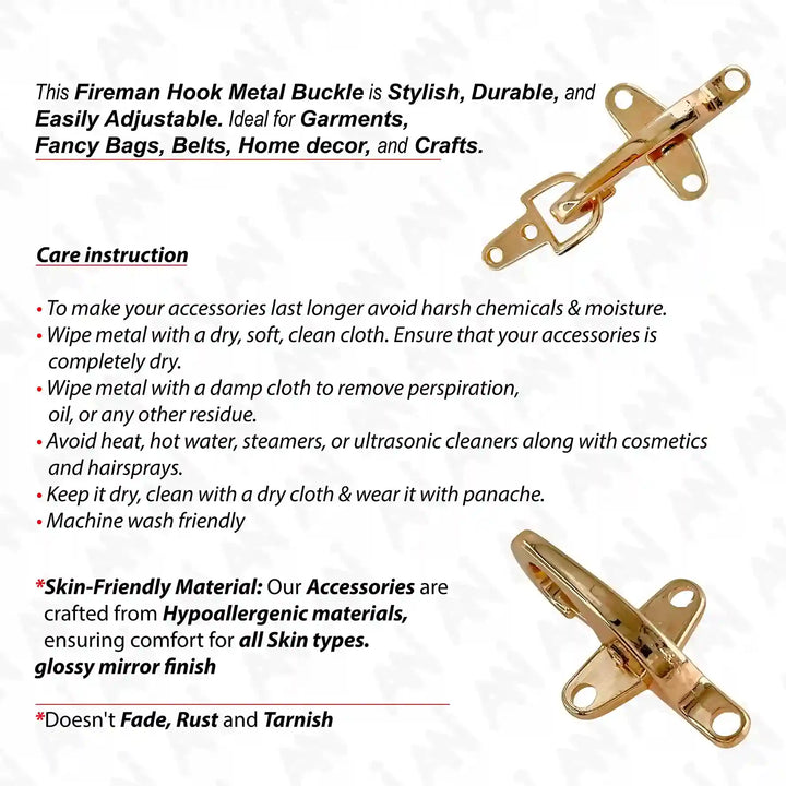 Ani Accessories Aurelian Latch 2 piece Gold Buckle on white background with care instruction text.