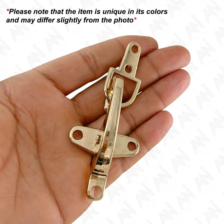 Ani Accessories Aurelian Latch 2 piece Gold Buckle on hand and text on the white background about product slightly differ from the photo.