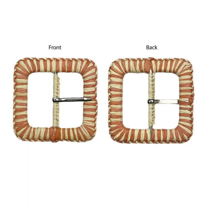 Ani Accessories Beige & Rust Orange Dual Tone Square Raffia Buckle with prong front and back view on a white background
