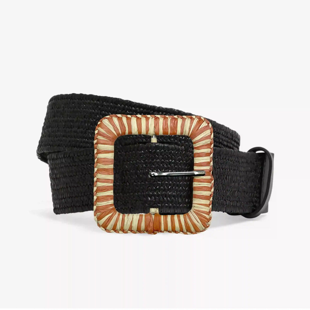 Ani Accessories Beige & Rust Orange Dual Tone Square Raffia Buckle with prong on a black belt in a white background