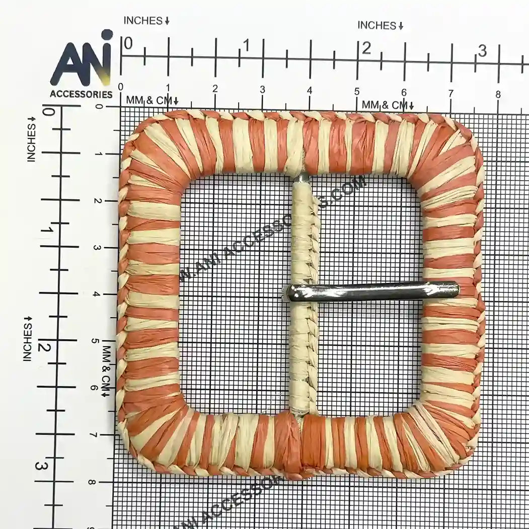 Ani Accessories Beige & Rust Orange Dual Tone Square Raffia Buckle with prong placed on a  size chart bar graph to show exact size of buckle