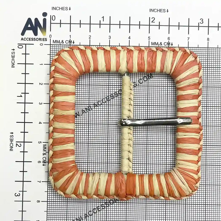 Ani Accessories Beige & Rust Orange Dual Tone Square Raffia Buckle with prong placed on a  size chart bar graph to show exact size of buckle