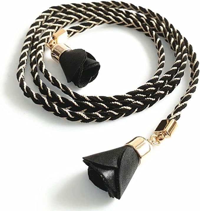 Ani Accessories black suede belt with a braided gold-accented rope design and rose tassels. This braided belt features a gold metal stopper.