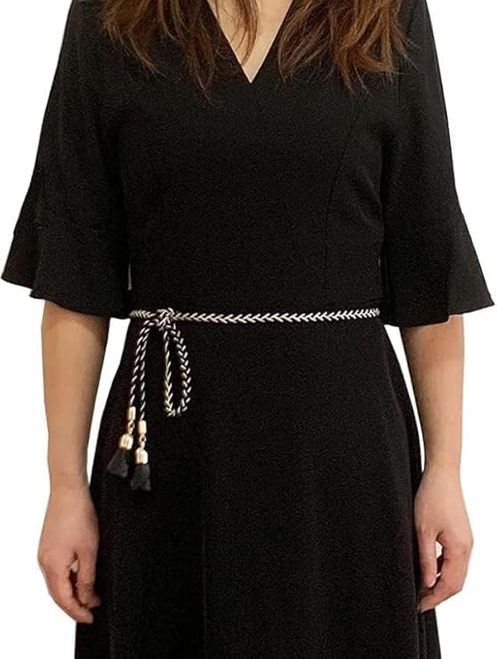 Ani Accessories black braided suede belt with lurex and rose tassels. Shown worn by a woman, this 1-meter rope belt is perfect as an adjustable belt for jeans, dresses, and belted shirt outfits.