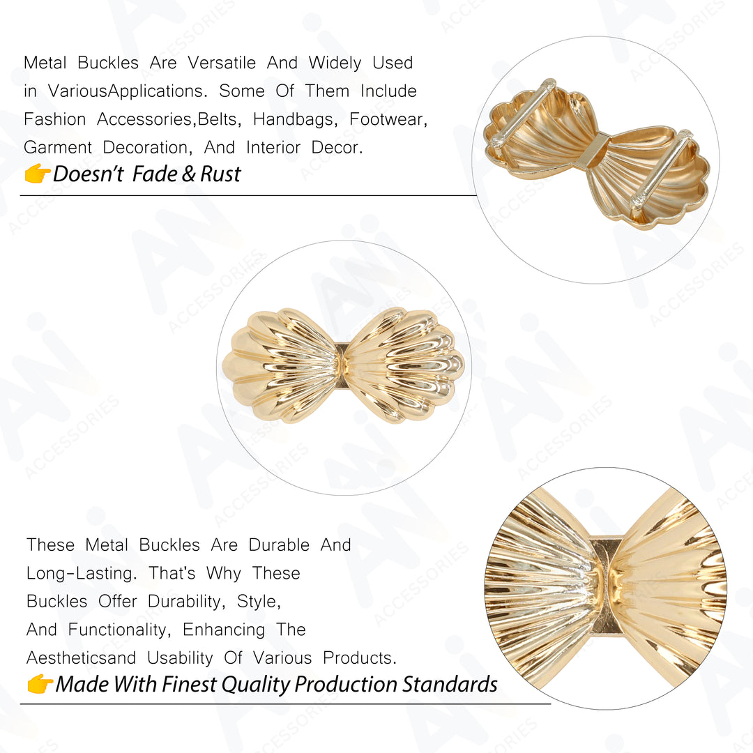 Ani Accessories Bow Style  Gold Metal Buckle front and back image with care instruction infographic.
