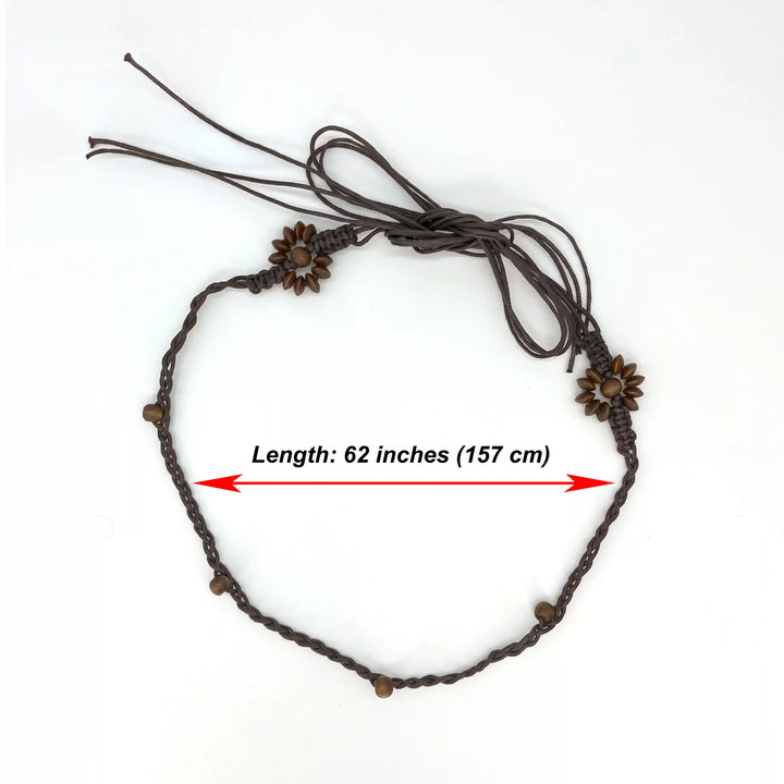 Ani Accessories Brown woven headband with floral ends and measurement text on a white background