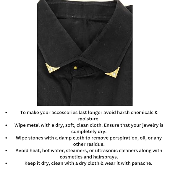 Ani Accessories | Black folded  shirt with gold center crystal on collar tip with information of care tips