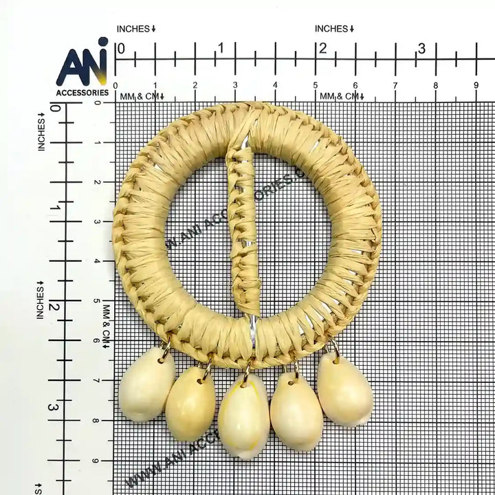  Ani Accessories  Beige Circle Raffia with Hanging 5 Shell  in a Buckle backside view  placed on a size chart graph in a white background