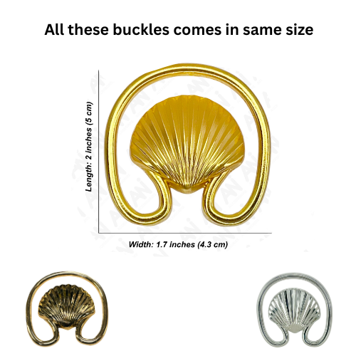  Ani Accessories Clam Seashell gold Metal Buckle with other two color showing the size of the buckle with written message of all these buckle comes in the same size in the white backaground.