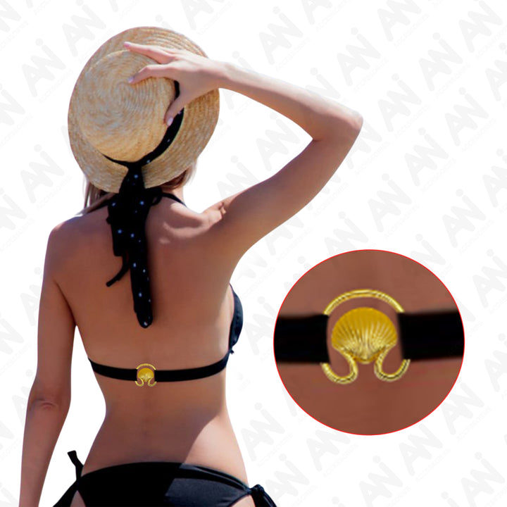  Ani Accessories Clam Seashell gold Metal Buckle on the backside of the model black bra strap.