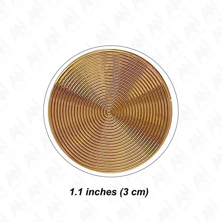 Ani Accessories Concentric Circle Gold Metal Buckle Zooming front image with size text on white backgound.