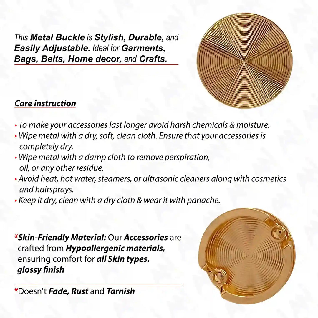 Ani Accessories Concentric Circle Gold Metal Buckle infographic with  front and back image.