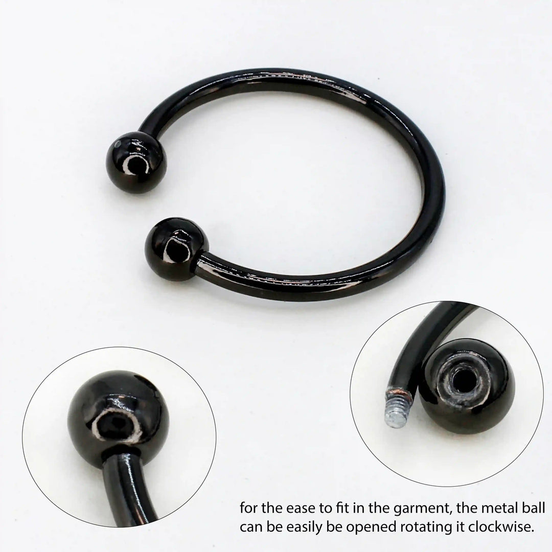 Ani Accessories Curved Circular Elegance Thick  Black Metal Buckle  with zooming on the tip of the buckle with showing how to open the tip of the ball of the buckle in other small image in the white background.