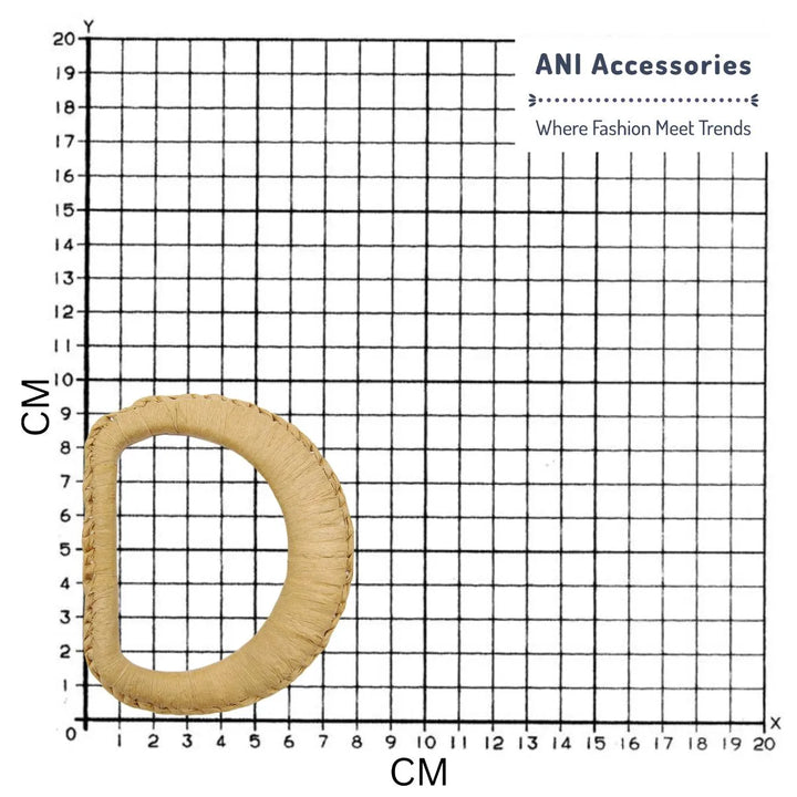 Ani Accessories D-Shape Raffia Handmade Buckle placed on a size bar graph to show the exact size of the buckle.
