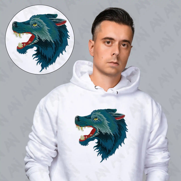Ani Accessories Embroidery Wolf Clothing Patch showcased on a model wearing a white hoodie with a detailed wolf design