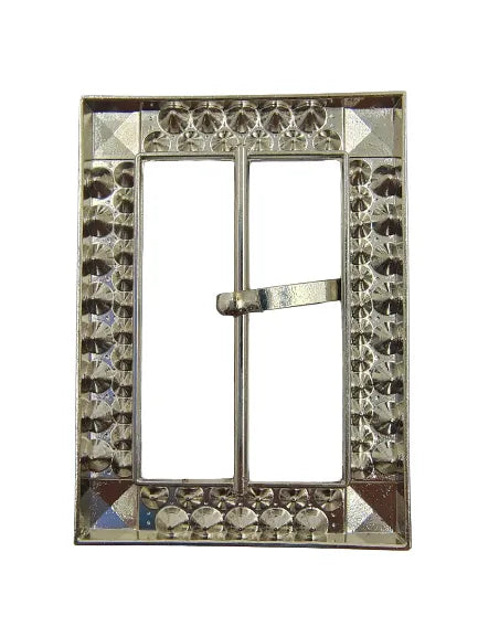 Ani Accessories Fancy Prong Silver Buckle With Diamonds Backside image of the buckle in a white background.