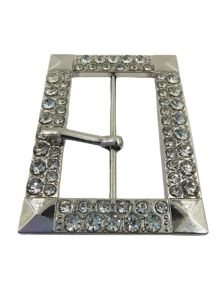 Ani Accessories Fancy Prong Silver Buckle With Diamonds Flat view to show proper design of the buckle in a white background.