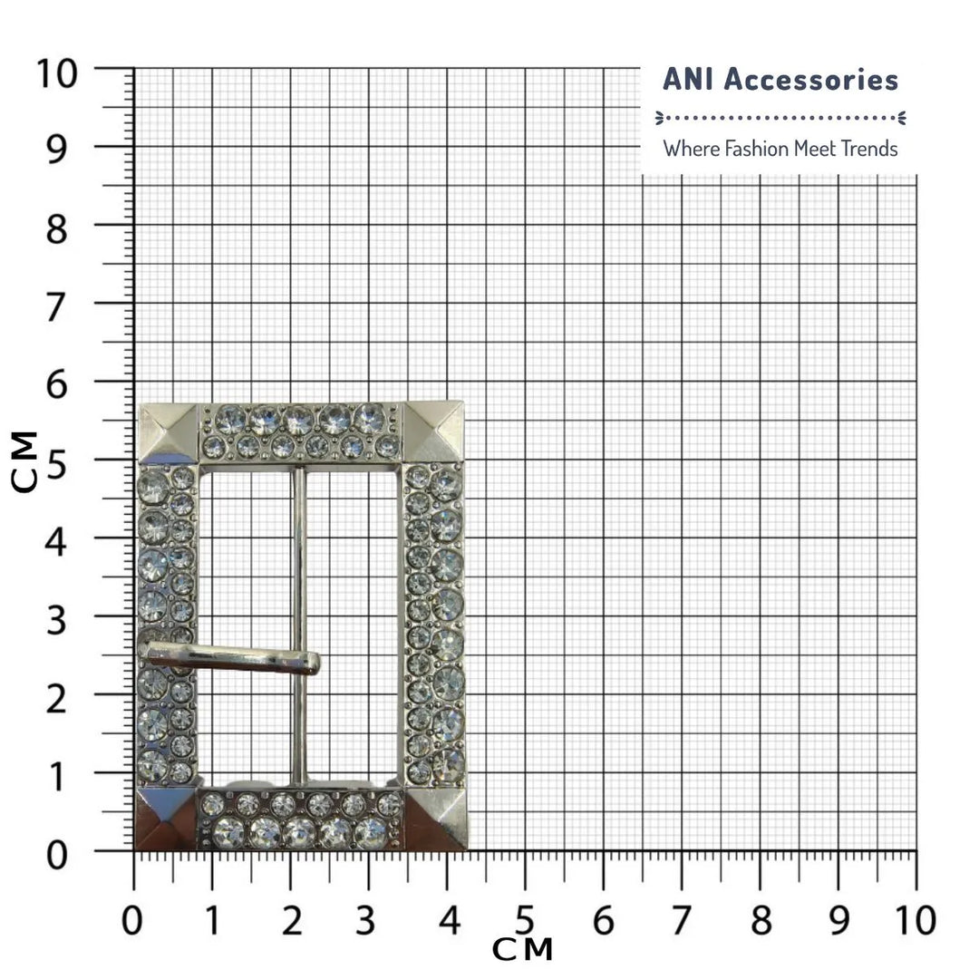 Ani Accessories Fancy Prong Silver Buckle With Diamonds placed in a size chart bar graph sheet to represent the proper size of the buckle
