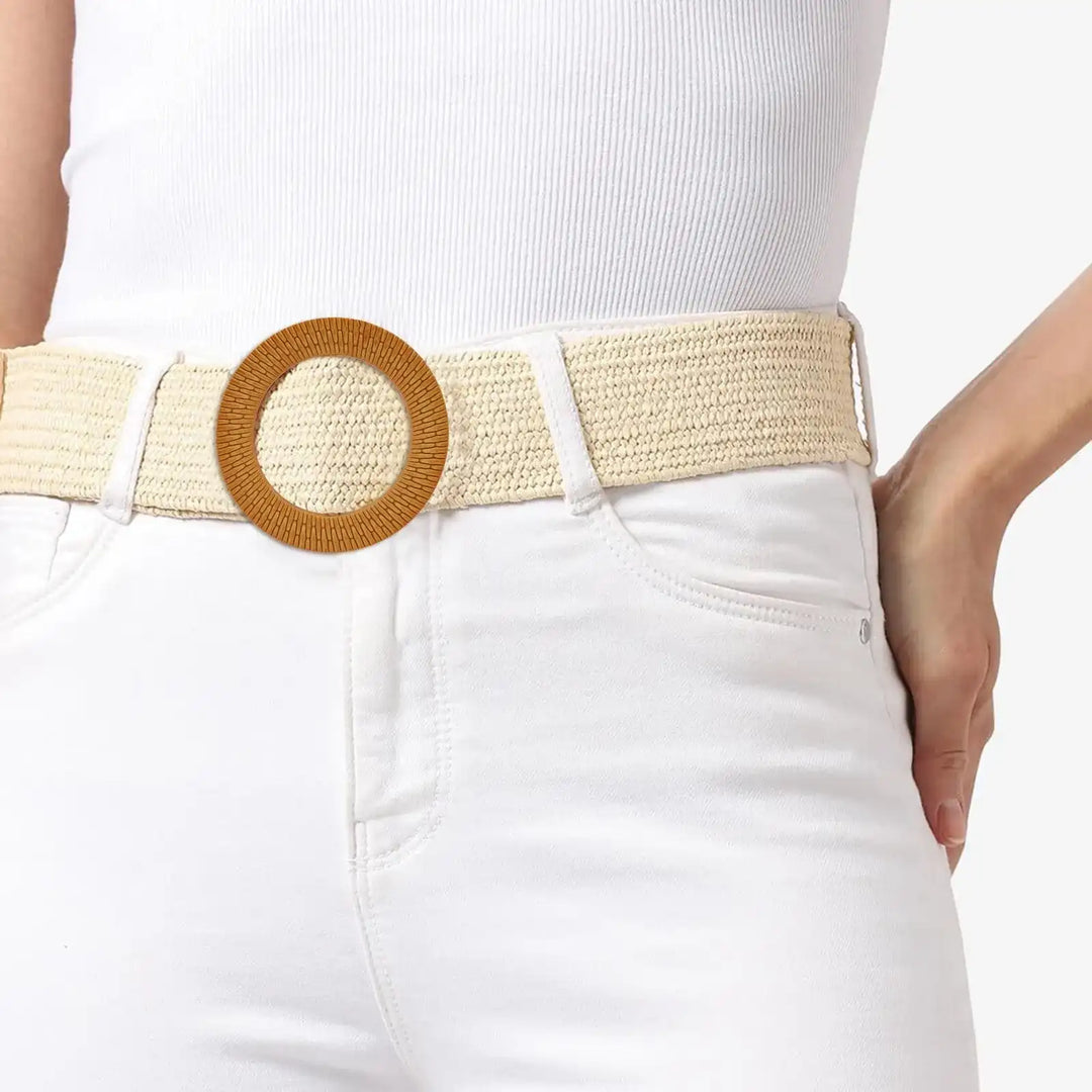 Ani Accessories Finest-Detailing Imitation Raffia Round Buckle on belt of raffia wearing on the model white jean in a white background.