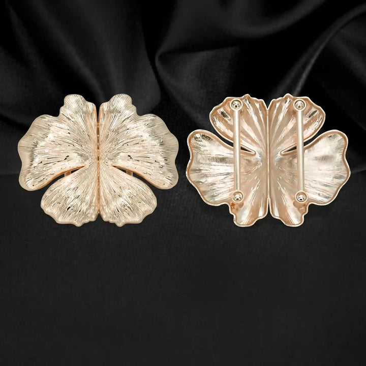 Ani Accessories Floral Design Buckle front and back zooming image on the black shiny fabric.