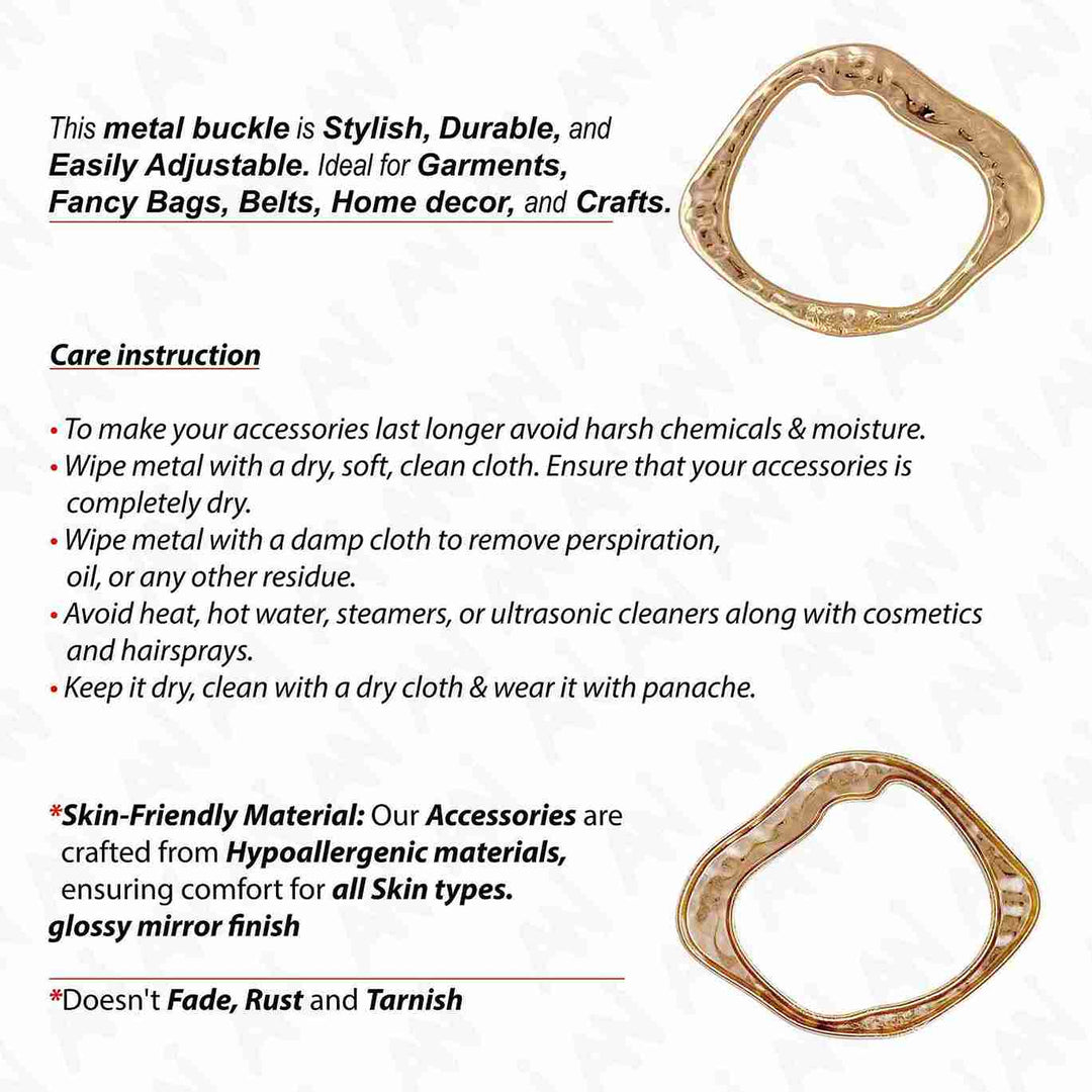 Ani Accessories Flowing Loop Shape Golden Metal Buckle font and  back image with text of care instruction of buckles.