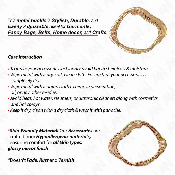 Ani Accessories Flowing Loop Shape Golden Metal Buckle font and  back image with text of care instruction of buckles.