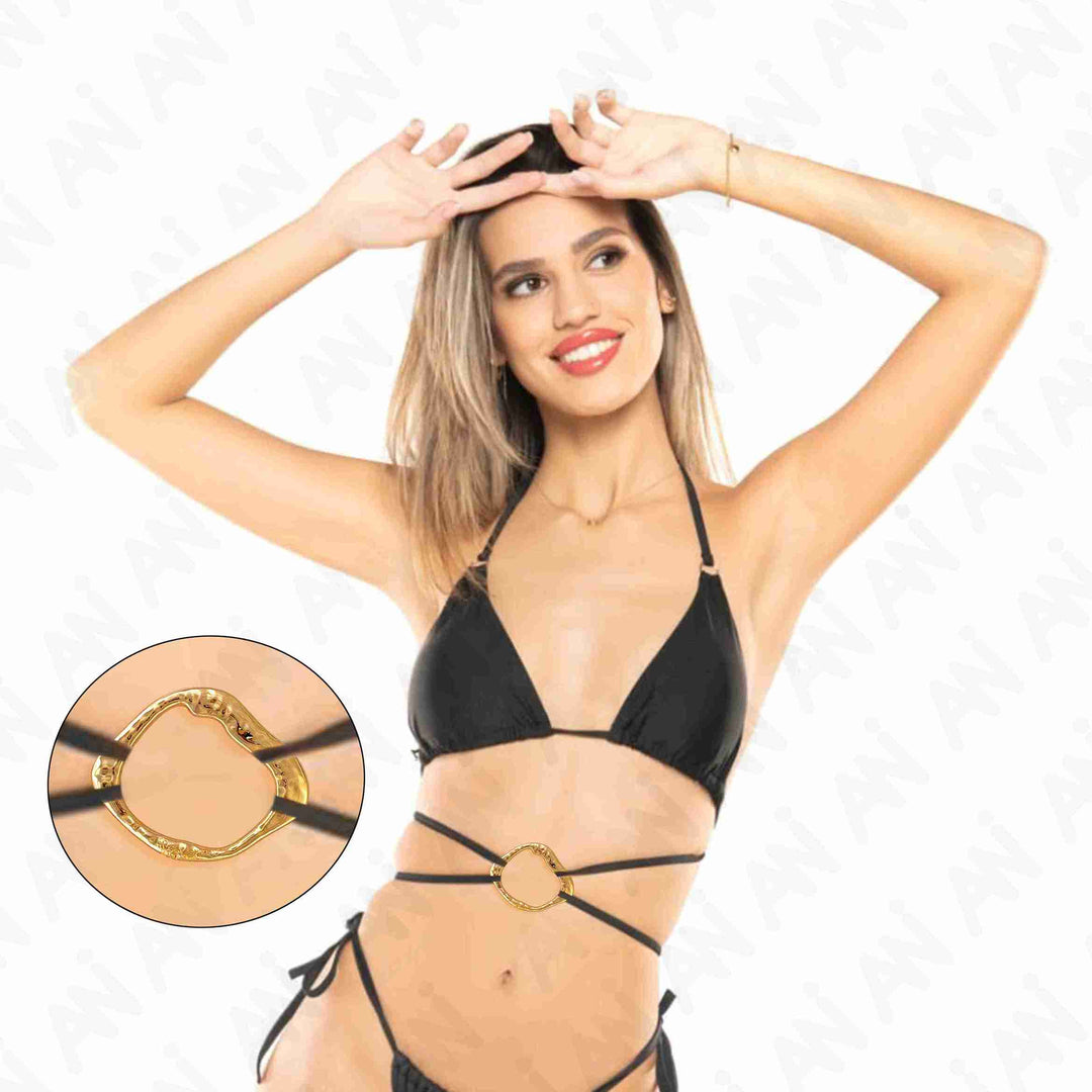 Ani Accessories Flowing Loop Shape Golden Metal Buckle on  front cross string  of the model black Bikini bra in white background.