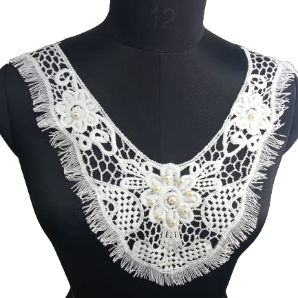Ani Accessories Frengies Design Net White Lace Neckline, close-up of detailed net lace pattern for DIY dress decoration