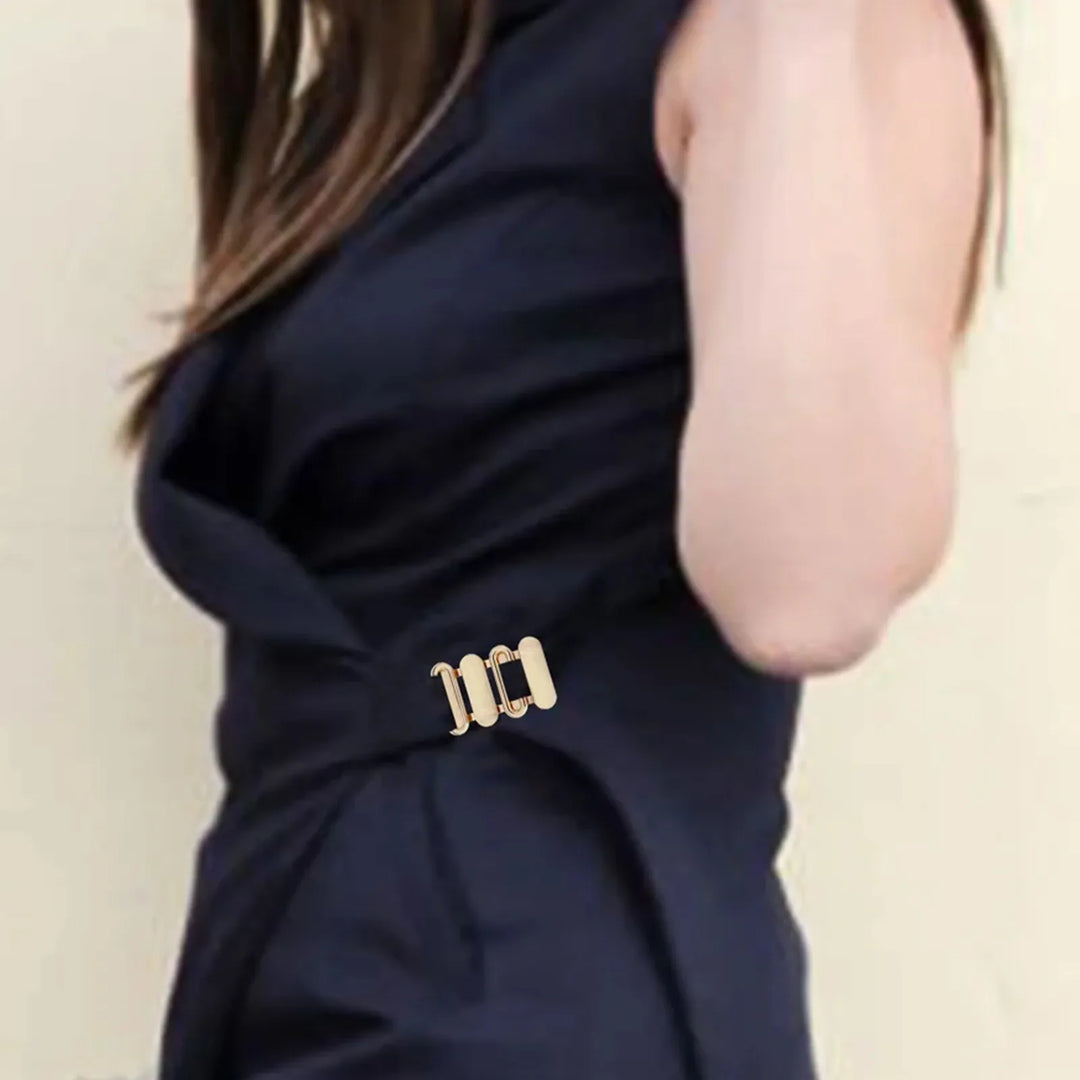 Ani Accessories Gold-Plated Geometric Ladder Buckle  as used aa belt of the dress in the white background.