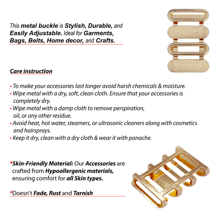 Ani Accessories Gold-Plated Geometric Ladder Buckle  front and back image with care instruction text  in a white background.