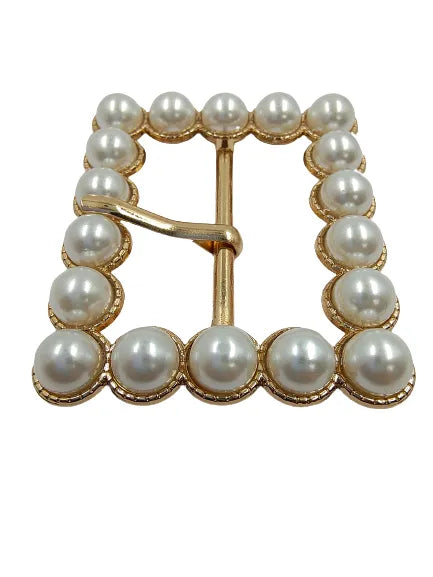 Ani Accessories Gold Finish Shiny Pearl Prong Buckle Flat view in a white background.