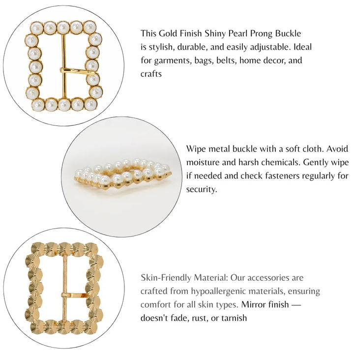 Ani Accessories Gold Finish Shiny Pearl Uneven Shape Prong Buckle infographic  with image shown in white background.