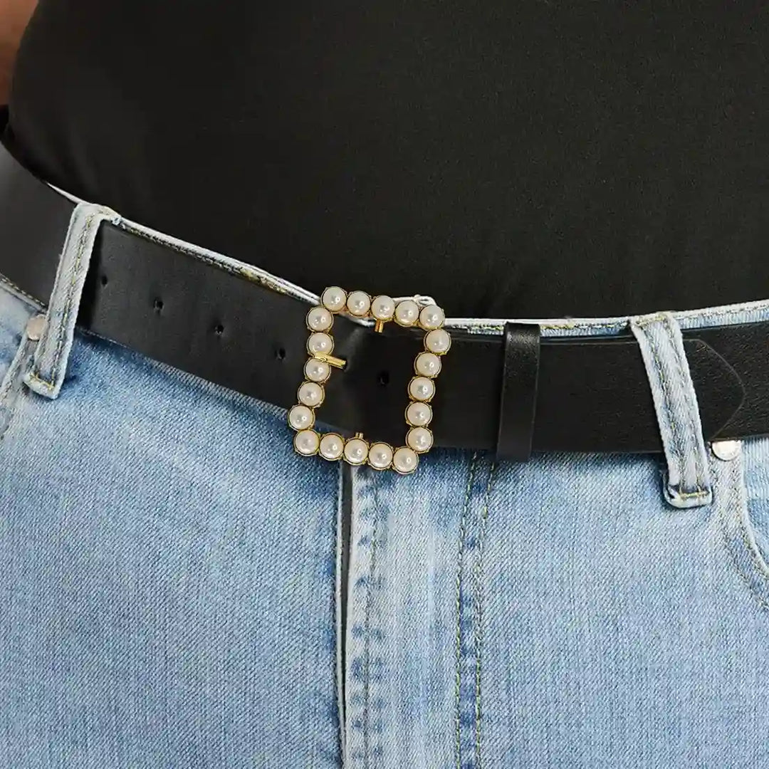 Ani Accessories Gold Finish Shiny Pearl Uneven Shape Prong Buckle  on he black belt on model jeans.