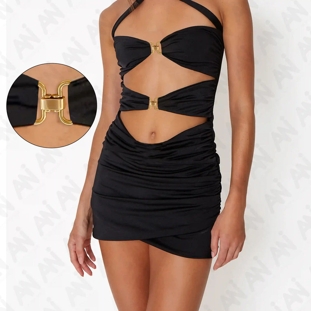 Ani Accessories Gold Interlocking Buckle on the black model dress standing in the white background.
