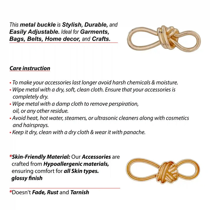 Ani Accessories Gold Knotted Metal Buckle front and backside image with infographic of care instruction of the buckle in a white background.