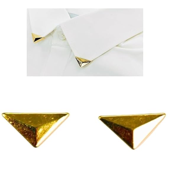 2 golden trianlgle  Pyramid Peak collar tip on white shirt collar.