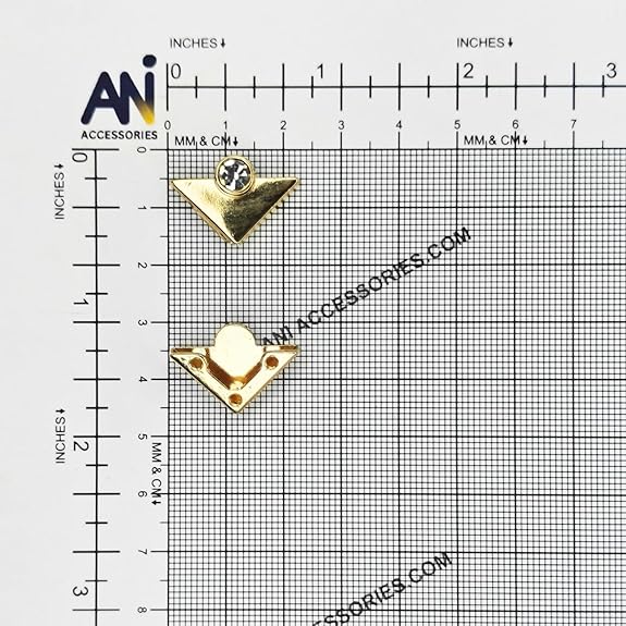 Ani Accessories | 2 piece of  gold triangular with single crystal on the top of collar tip on the measuring on the size chart graph with front and back view.