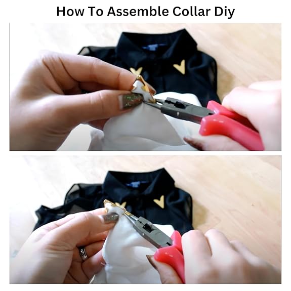Ani Accessories |Women hand showing how to fix the  gold v shaped collar tip on  black shirt with tool.
