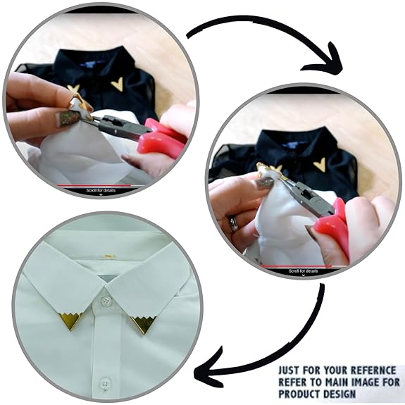 Ani Accessories | image flow chart in which women hand showing the step of how to fix the collar tip on the shirt  step by step.