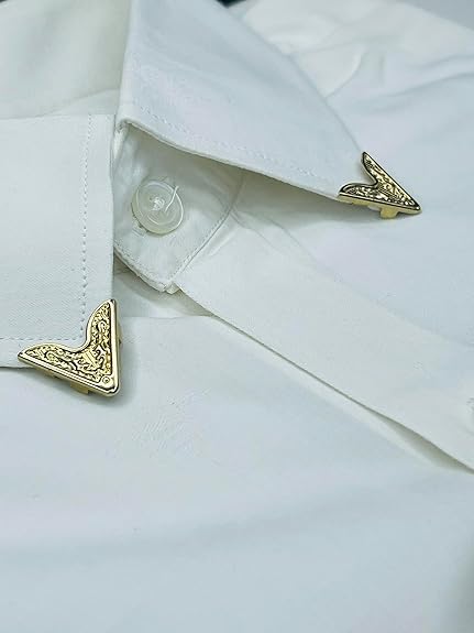 Ani Accessories | Zooming image of collar of white shirt with gold v shaped  collar tip