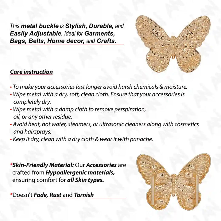 Ani Accessories Golden Butterfly Metal Buckle front and back view  with care instruction in a white  background.