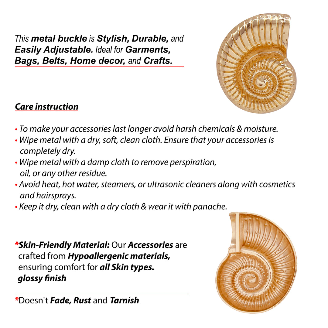 Ani Accessories Golden Nautilus Metal Buckle with care instruction details with front and back image of the buckle.