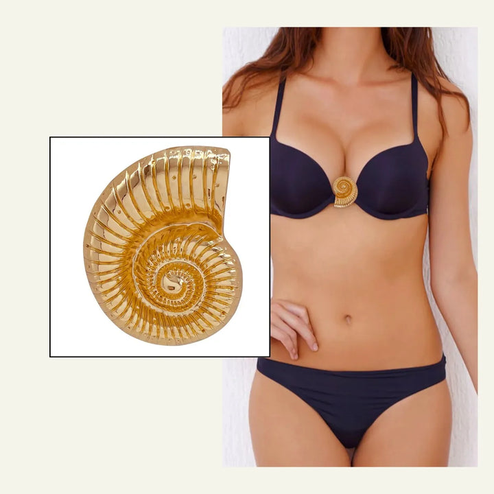 Ani Accessories Golden Nautilus Metal Buckle  on blue bikini wear by model in white background.
