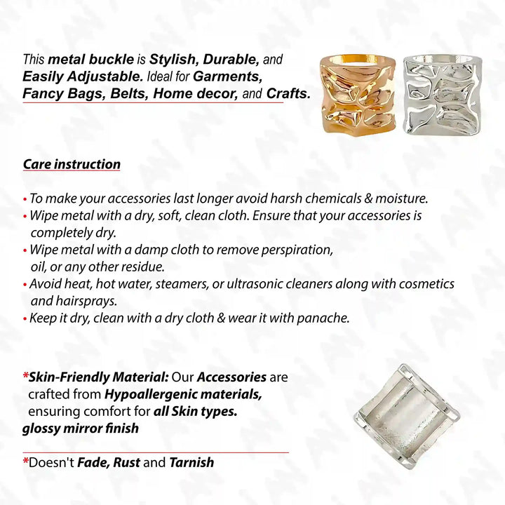 Ani Accessories Hammered Bead Metal Silver Buckle  with gold front & back image with written care instruction in the white background.