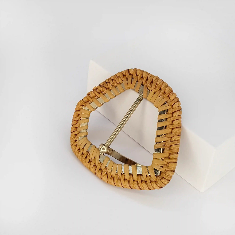 Ani Accessories Hexagon Inspired  Brown  double Braided Metal Raffia  prong Buckle  backside angle standing on behalf of a white box in a white background.