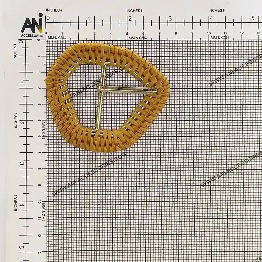  Ani Accessories Hexagon Inspired  Brown double Braided Metal Raffia  prong Buckle placed on a size chart bar graph to show the  exact size of the buckle.